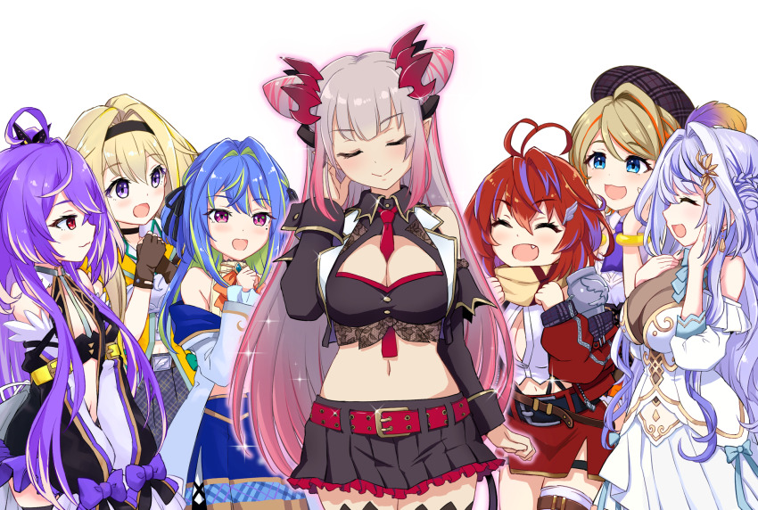 6+girls, ahoge, akane_canna, akane_canna_(1st_costume), antenna_hair, arm_belt, armor, belt