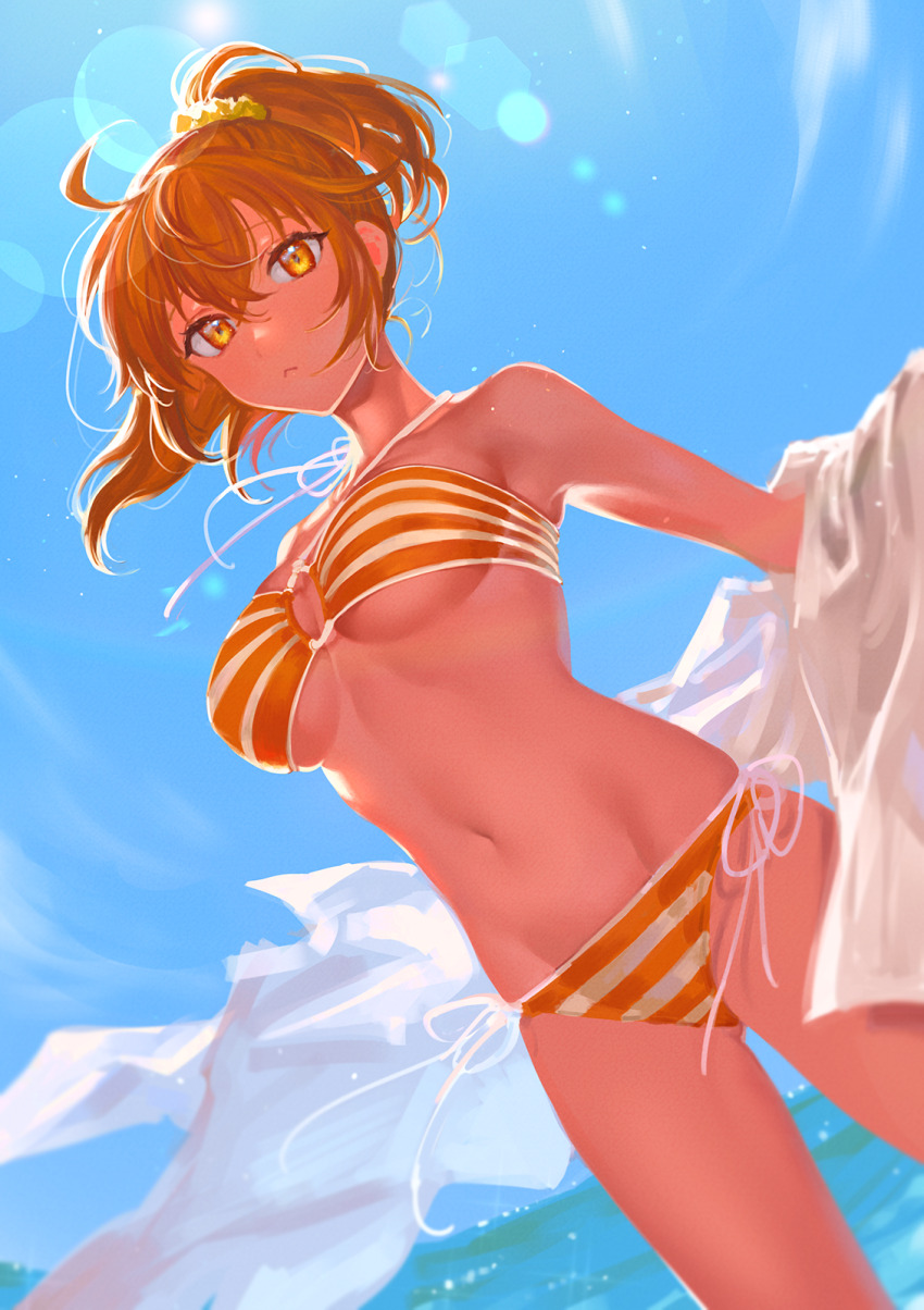 1girl, :<, ahoge, bikini, blue_sky, breasts, commentary_request, fate/grand_order, fate_(series), fujimaru_ritsuka_(female), fujimaru_ritsuka_(female)_(brilliant_summer), hair_ornament, hair_scrunchie, highres, medium_breasts, navel, o-ring, o-ring_bikini, ocean, orange_eyes, orange_hair, outdoors, ponytail, scrunchie, shirt, side-tie_bikini_bottom, sky, solo, striped_bikini, striped_clothes, swimsuit, uni_(nico02), yellow_scrunchie