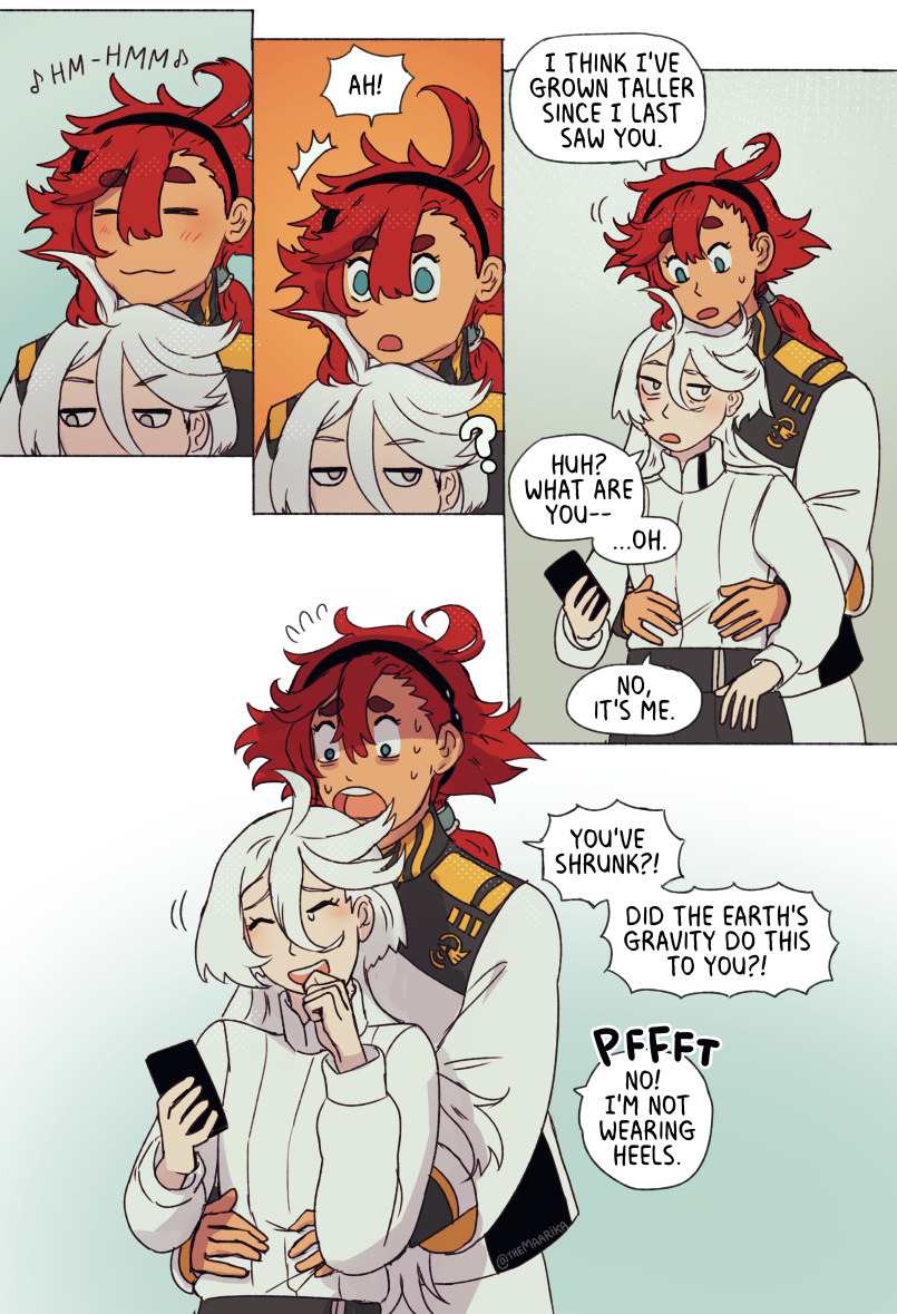 2girls, :3, ?, ahoge, asticassia_school_uniform, blue_eyes, comic, english_text