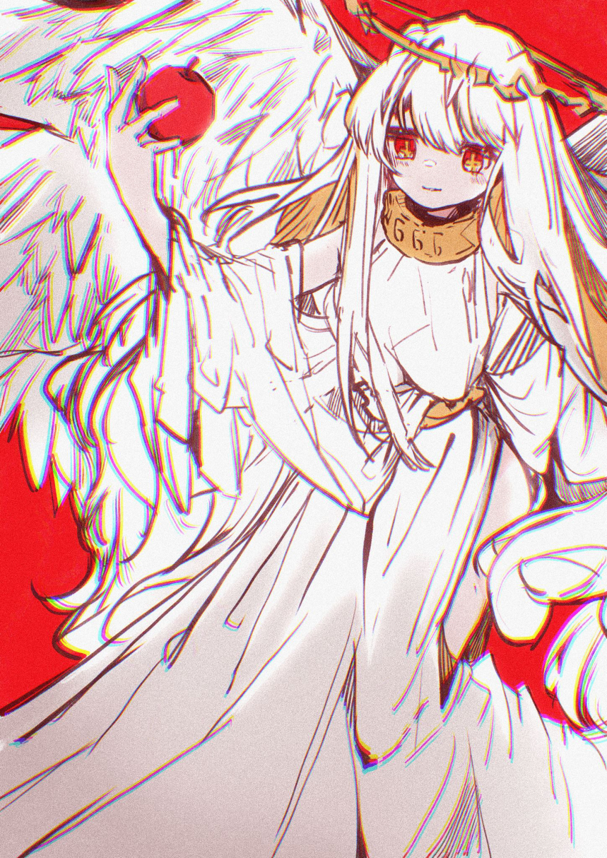 1girl, angel, angel_wings, angela_(project_moon), apple, belt, blush, closed_mouth