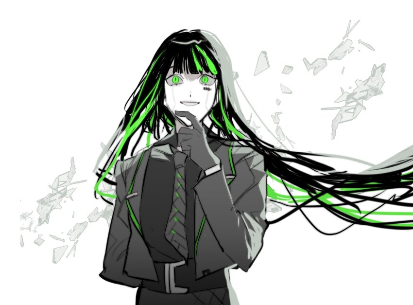 1girl, alfonso_(project_moon), barcode, barcode_tattoo, belt, black_belt, black_hair, black_pants, black_shirt, collared_shirt, cropped_jacket, gloves, green_eyes, green_hair, grey_gloves, grey_jacket, grey_necktie, grin, highres, jacket, limbus_company, long_hair, multicolored_hair, necktie, nisi_(n1si), pants, project_moon, shirt, simple_background, slit_pupils, smile, solo, streaked_hair, tattoo, upper_body, very_long_hair, white_background