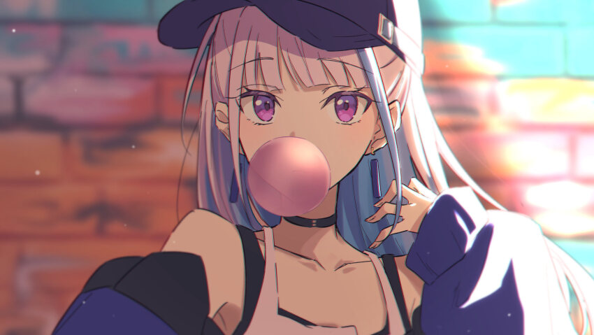 1girl, bare_shoulders, baseball_cap, black_choker, black_tank_top, blowing_bubble_gum, blowing_bubbles, blue_hair