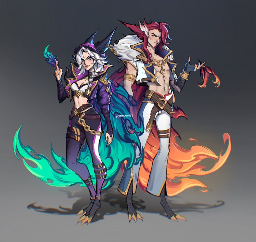 1boy, 1girl, alternate_costume, animal_ears, animal_feet, arm_at_side, black_gloves, breasts