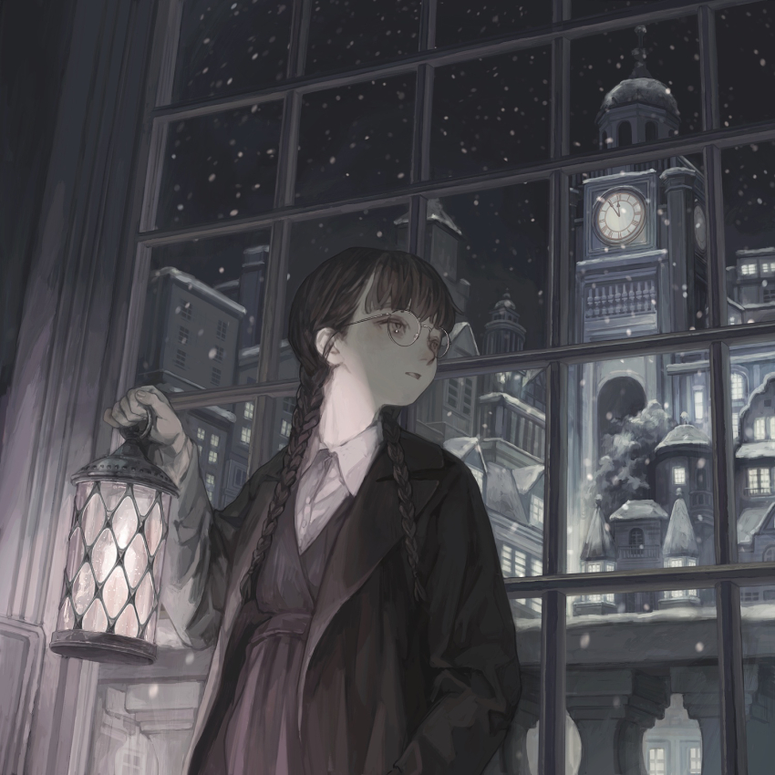 1girl, black_coat, black_hair, blunt_bangs, braid, building, city, clock