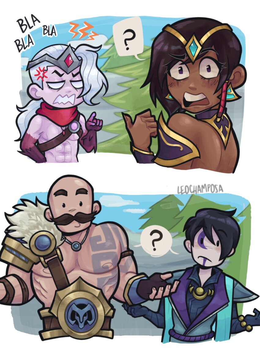 1girl, 3boys, ?, anger_vein, angry, aphelios, artist_name, bald, black_hair, braum_(league_of_legends), cloud, colored_skin, comic, dark-skinned_female, dark_skin, earrings, facial_hair, facial_tattoo, gem, grey_hair, grey_skin, hand_up, highres, jewelry, league_of_legends, leochamposa, long_hair, multiple_boys, mustache, outdoors, red_scarf, scarf, shiny_skin, short_hair, shoulder_plates, single_shoulder_pad, speech_bubble, tattoo, tree, varus