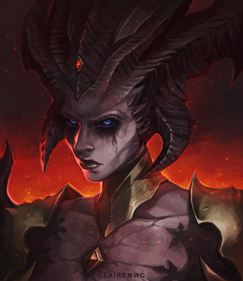 1girl, black_sclera, blue_eyes, clairemwc, collarbone, colored_sclera, colored_skin, demon_girl, diablo, diablo_(series), diablo_4, gem, gradient_background, grey_skin, highres, horns, lilith_(diablo), looking_at_viewer, red_background, red_lips, serious, shoulder_plates, solo