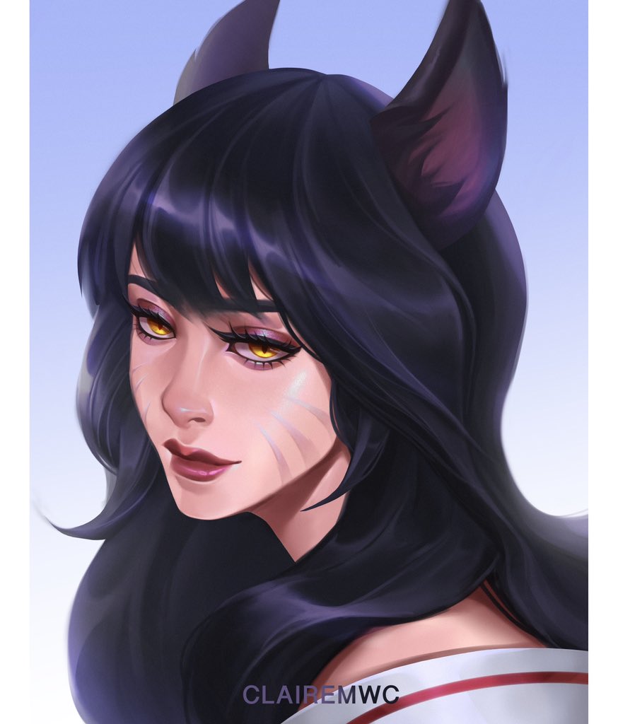 1girl, ahri_(league_of_legends), animal_ears, artist_name, black_hair, blue_background, clairemwc, closed_mouth
