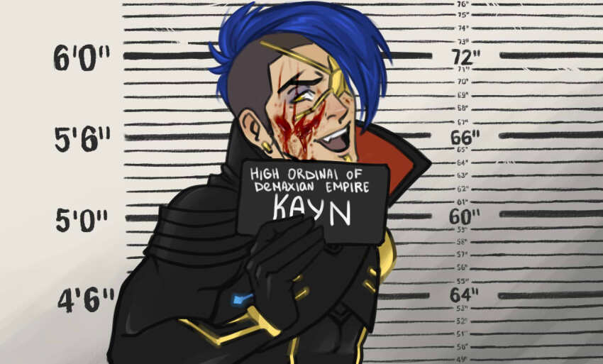 1boy, barbie_mugshot_(meme), black_bodysuit, blood, blood_on_face, blue_hair, bodysuit, character_name