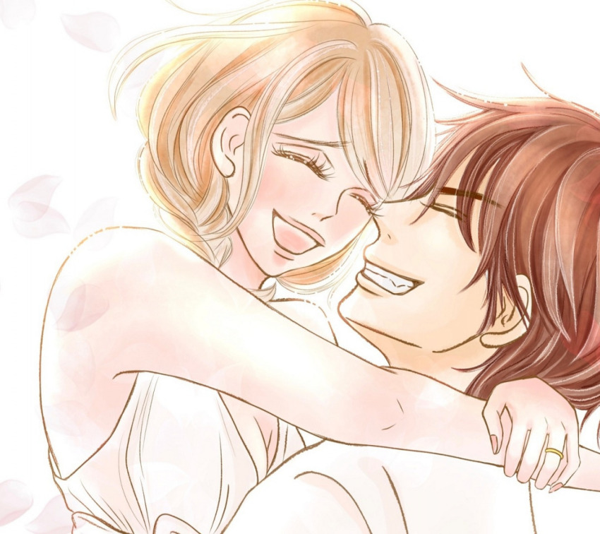 1boy, 1girl, arai_kazuichi, blonde_hair, blush, brown_hair, closed_eyes, dress