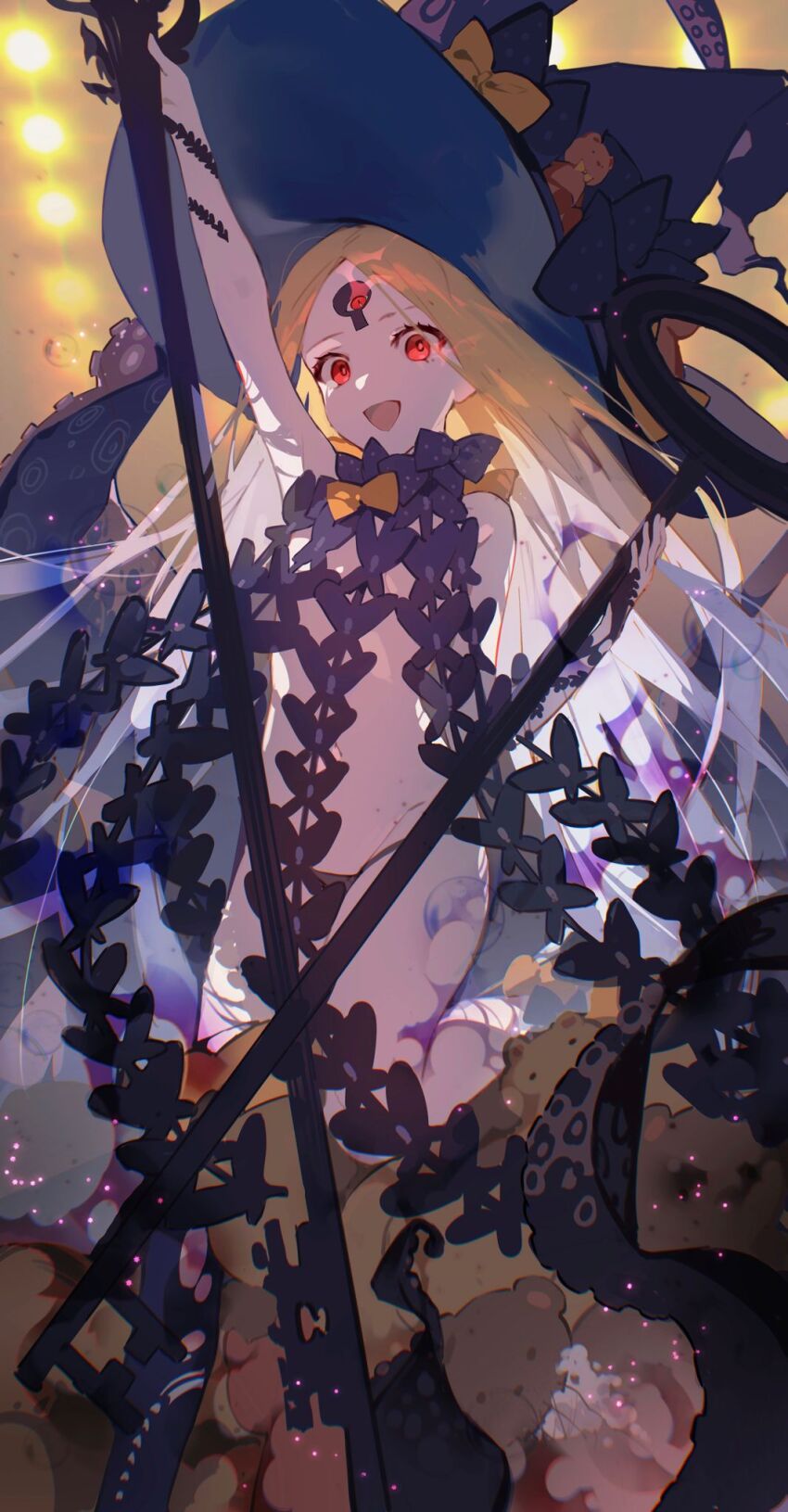 1girl, abigail_williams_(fate), abigail_williams_(second_ascension)_(fate), black_bow, black_hat, black_panties, black_thighhighs, blonde_hair