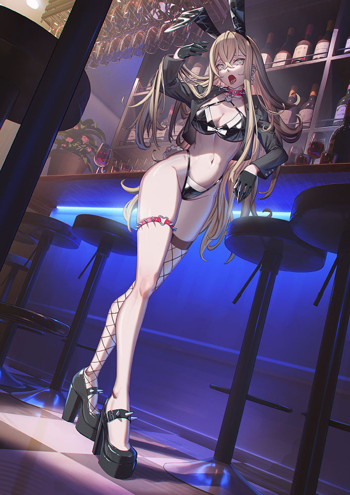 1girl, animal_ears, arm_up, bikini, black_bikini, black_footwear, black_gloves, black_hairband