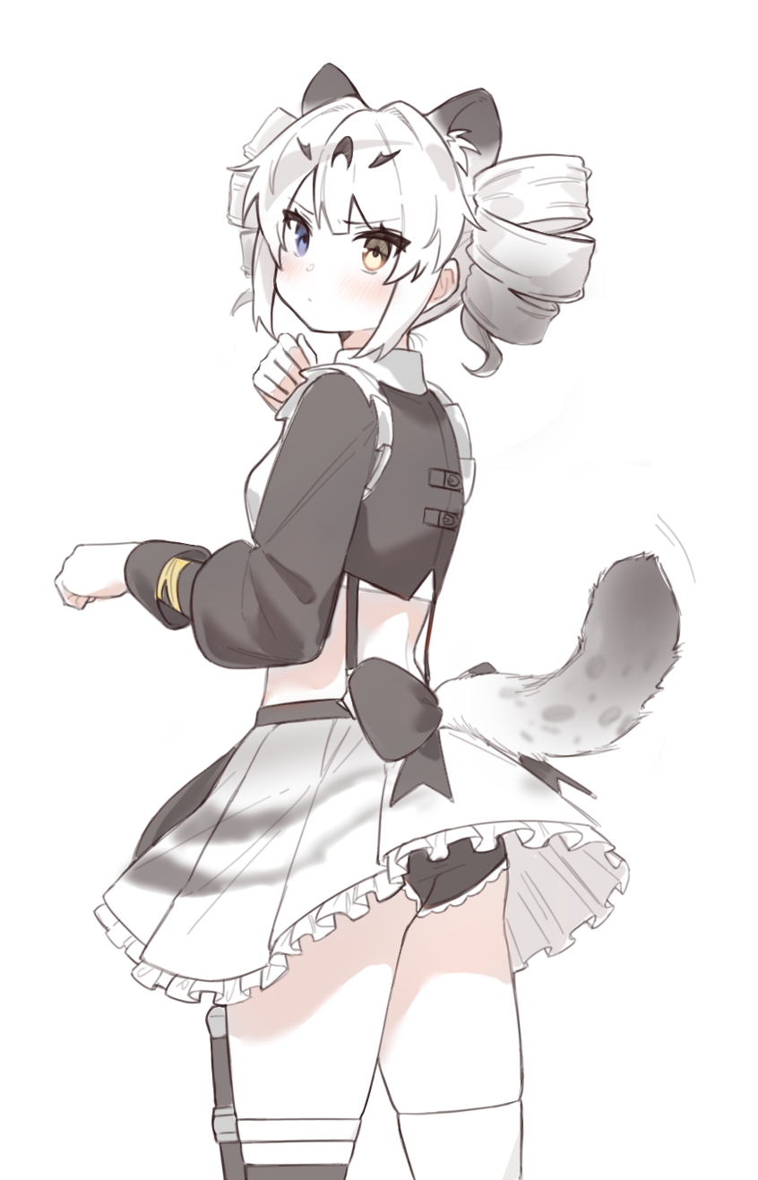 1girl, animal_ears, black_panties, black_ribbon, black_shirt, blue_eyes, drill_hair, grey_hair