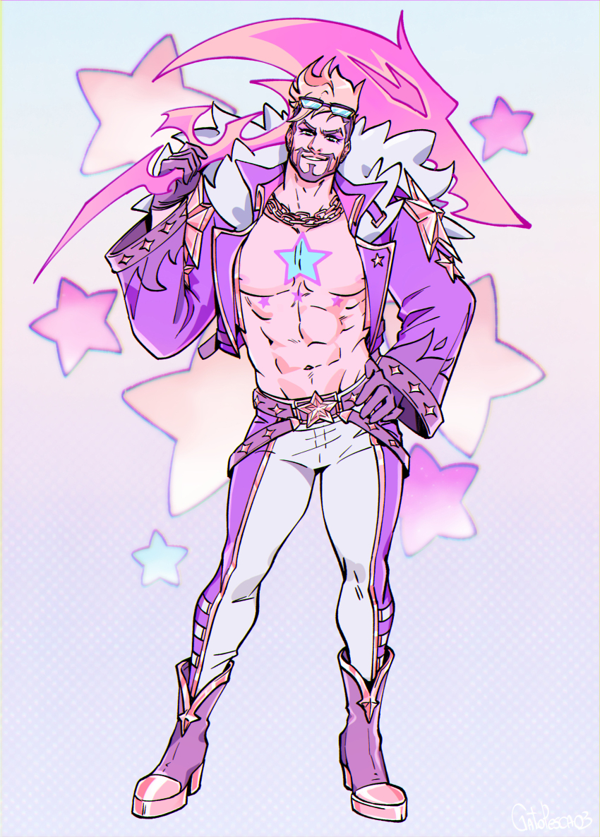 1boy, absurdres, beard, blonde_hair, boots, chain, draven, facial_hair