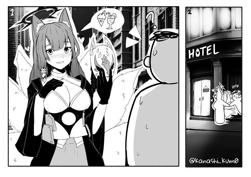 1boy, 1girl, 2koma, absurdres, akagi_(azur_lane), akagi_(azur_lane)_(cosplay), animal_ears, doodle_sensei_(blue_archive), azur_lane, blue_archive, blush, breasts, cleavage, comic, cosplay, english_text, fox_ears, fox_girl, fox_mask, fox_tail, gloves, greyscale, halo, heart, highres, japanese_clothes, kanashi_kum0, kimono, kitsune, kyuubi, large_breasts, long_hair, looking_at_another, love_hotel, mask, monochrome, multiple_tails, nervous_sweating, nose_blush, photo_background, sensei_(blue_archive), spoken_food, sweat, tail, trait_connection, twitter_username, wakamo_(blue_archive)