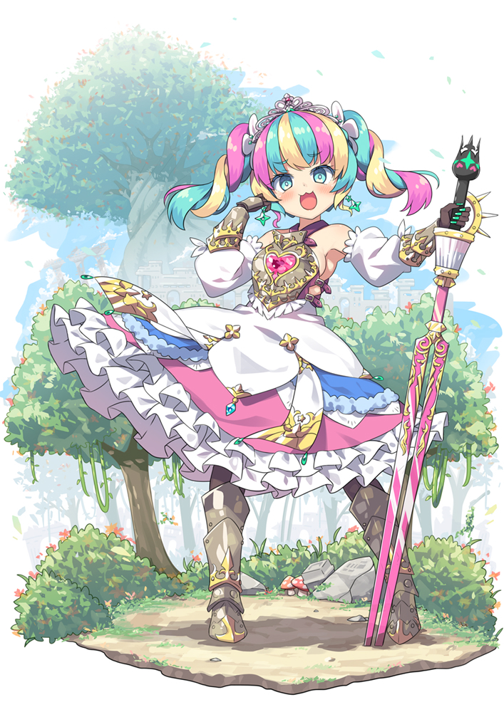 1girl, armor, armored_boots, blonde_hair, blue_eyes, blue_hair, boots, breastplate, breasts, brown_pantyhose, commentary_request, cute_weapon, day, detached_sleeves, dress, earrings, etrian_odyssey, frilled_dress, frills, full_body, gauntlets, hands_up, hatsunatsu, heart, jewelry, long_sleeves, mesugaki, multicolored_hair, pantyhose, pink_hair, planted, planted_sword, planted_weapon, princess_(sekaiju), princess_5_(sekaiju), puffy_long_sleeves, puffy_sleeves, sekaiju_no_meikyuu, sekaiju_no_meikyuu_3, sekaiju_no_meikyuu_hd, sideboob, small_breasts, solo, sovereign_(sekaiju), sovereign_5_(sekaiju), standing, sword, tiara, tree, twintails, two-tone_hair, weapon, white_background, white_dress, white_sleeves
