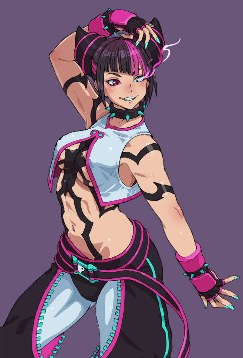 1girl, aqua_nails, bare_shoulders, black_hair, bracelet, breasts, choker, fingernails