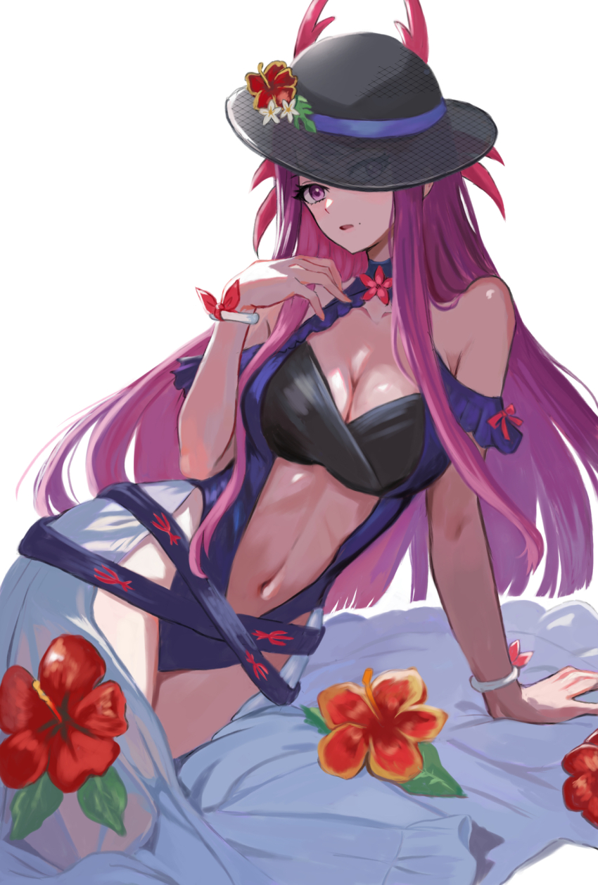 1girl, alternate_costume, bare_shoulders, black_hat, blue_one-piece_swimsuit, breasts, cleavage, clothing_cutout