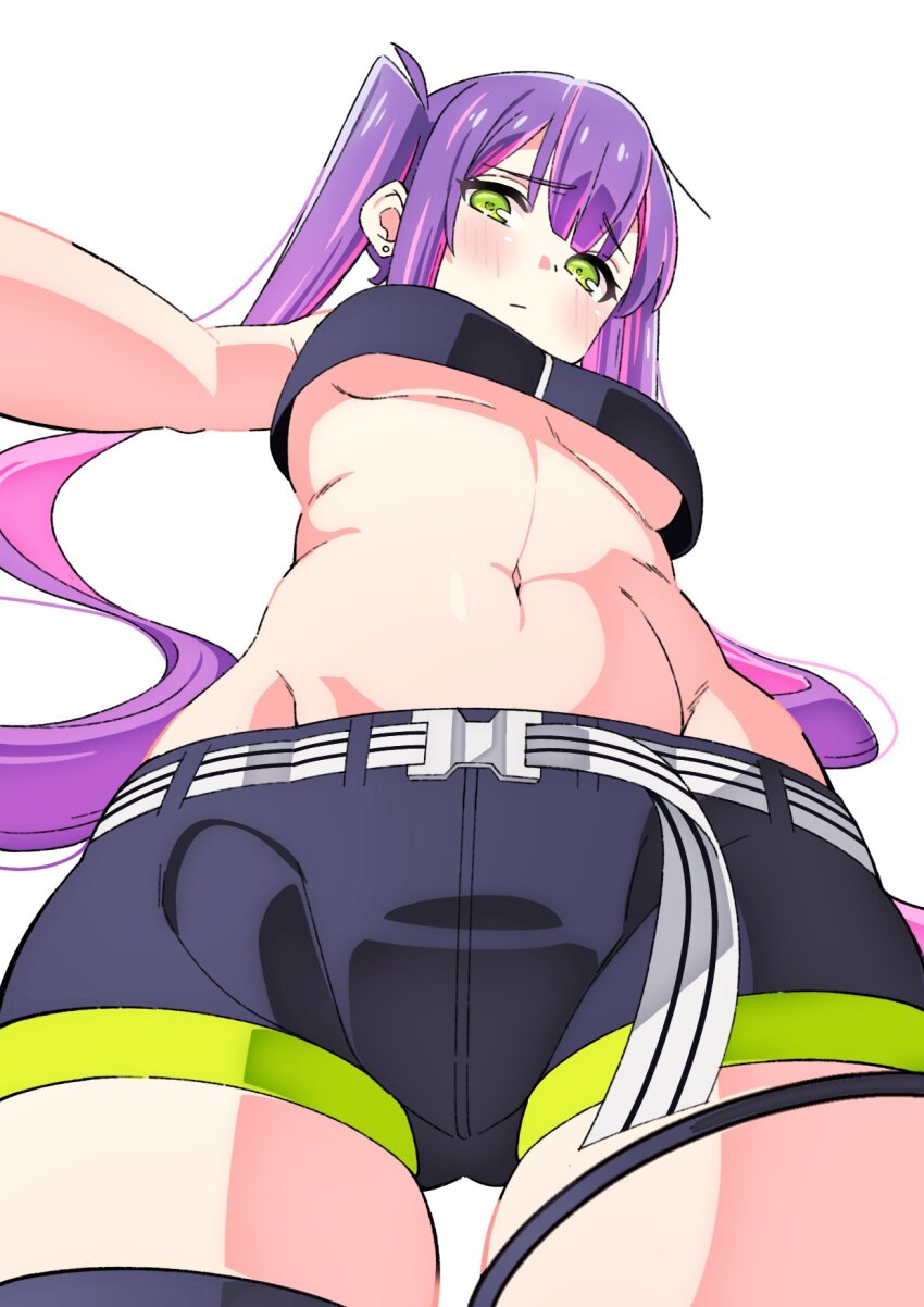 1girl, black_shorts, breasts, closed_mouth, earrings, from_below, green_eyes, highres