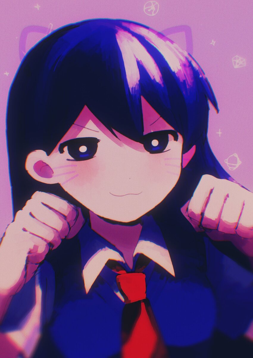 1girl, :3, afyewv5, blush, bright_pupils, closed_mouth, collared_shirt, highres, long_hair, mari_(headspace)_(omori), mari_(omori), omori, purple_eyes, purple_hair, shirt, smile, solo, upper_body, white_pupils, white_shirt