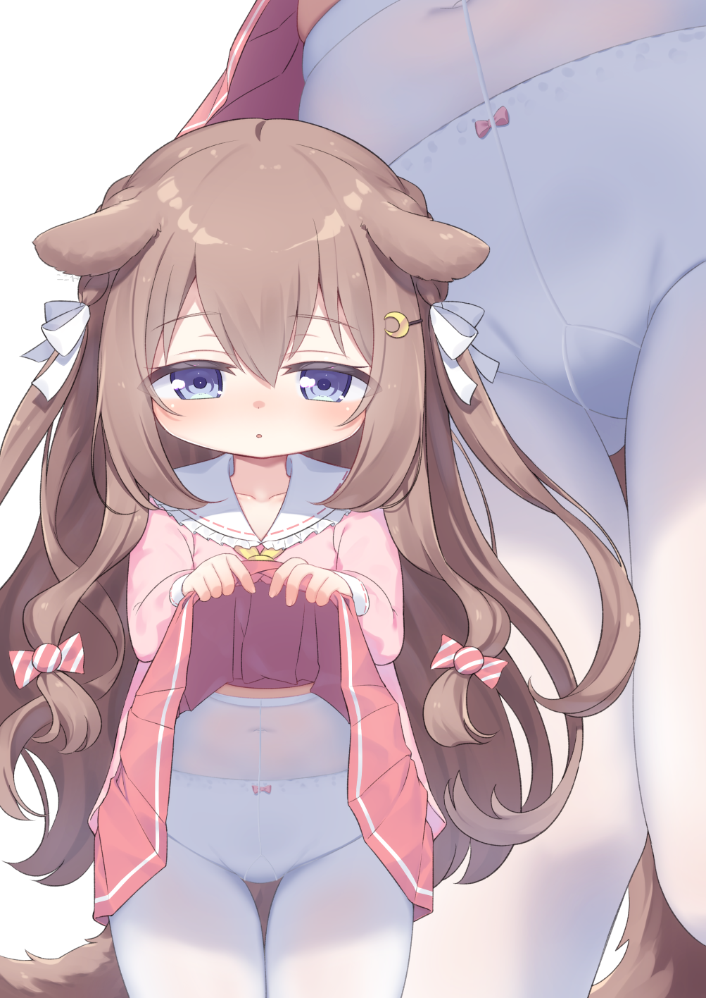 1girl, animal_ear_fluff, animal_ears, azur_lane, blue_eyes, blush, bow, bow_panties, brown_hair, clothes_lift, collarbone, commentary_request, commission, covered_navel, cowboy_shot, crescent, crescent_hair_ornament, dog_ears, dog_girl, dog_tail, double-parted_bangs, embarrassed, female_focus, flat_chest, fumizuki_(azur_lane), gluteal_fold, hair_bow, hair_ornament, hair_ribbon, hairclip, high-waist_skirt, highres, kindergarten_uniform, kokone_(coconeeeco), lifting_own_clothes, loli, long_hair, long_sleeves, miniskirt, mtu_virus, multiple_views, missing_headwear, paid_reward_available, panties, panties_under_pantyhose, pantyhose, parted_lips, pink_bow, pink_shirt, pink_skirt, pleated_skirt, puffy_long_sleeves, puffy_sleeves, ribbon, sailor_collar, sailor_shirt, shirt, skeb_commission, skirt, skirt_lift, striped_bow, tail, thighs, two_side_up, underwear, white_panties, white_pantyhose, white_ribbon, white_sailor_collar