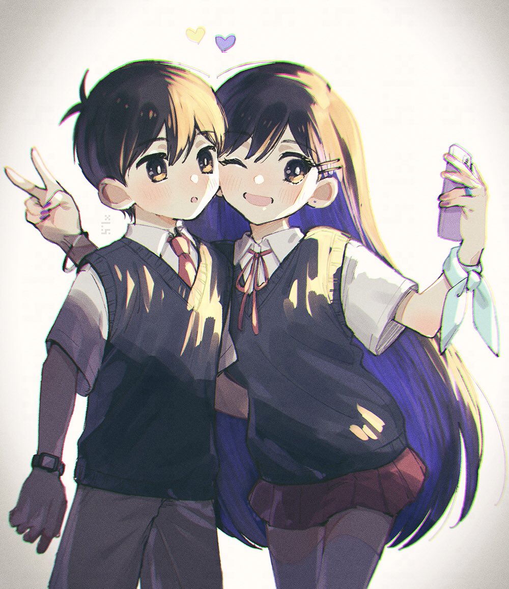 1boy, 1girl, black_eyes, black_hair, black_sweater_vest, blush, bright_pupils, brother_and_sister