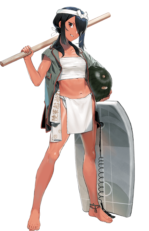 1girl, black_hair, black_shorts, breasts, clothes_writing, food, fruit, fundoshi