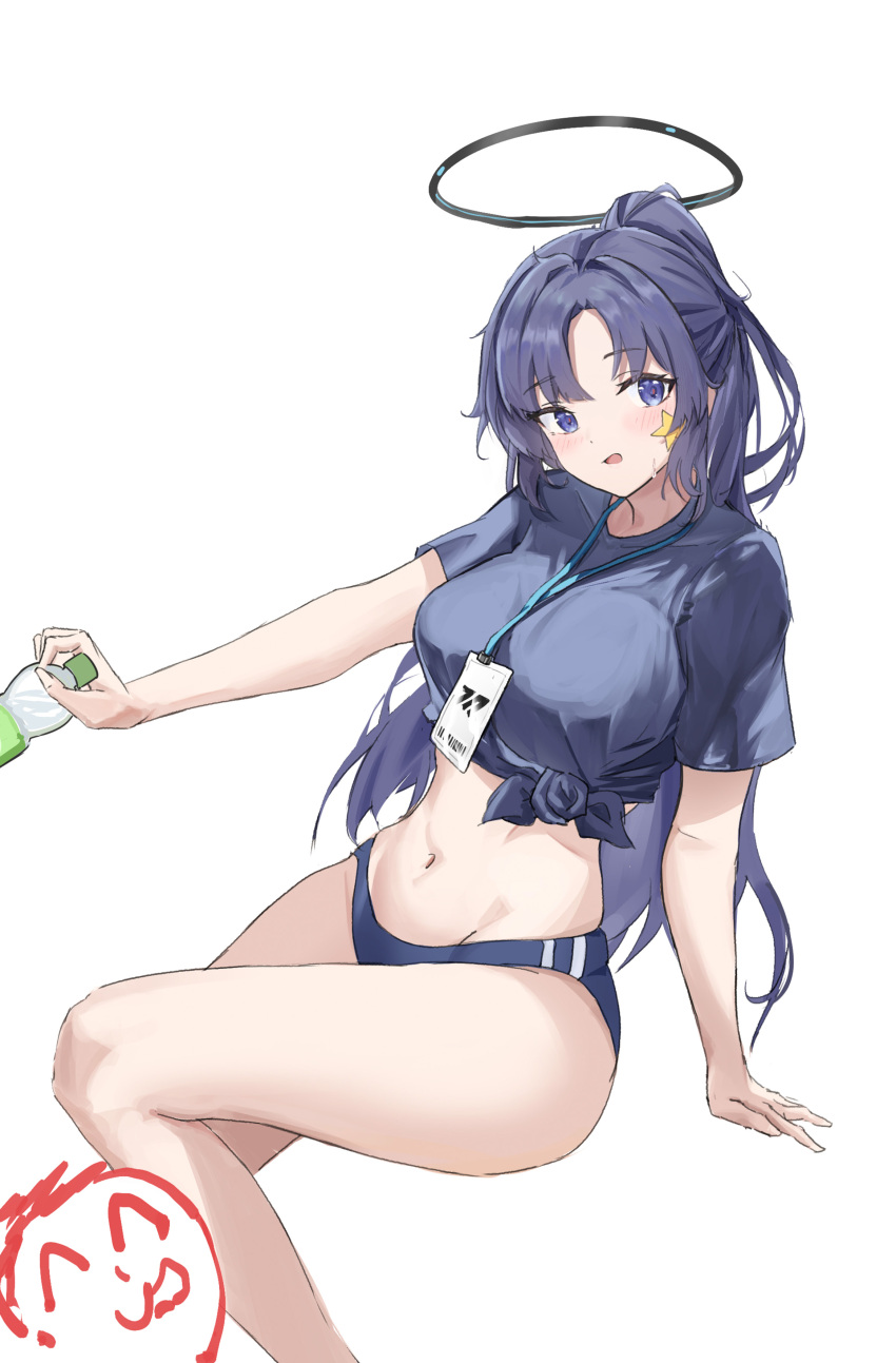 1girl, absurdres, bare_legs, black_shirt, blue_archive, blue_buruma, blue_eyes, blue_hair, bottle, breasts, buruma, can142857, doodle_sensei_(blue_archive), double_vertical_stripe, front-tie_top, gym_shirt, gym_uniform, half_updo, halo, highres, holding, holding_bottle, id_card, jacket, lanyard, large_breasts, legs, long_hair, long_sleeves, looking_at_viewer, mechanical_halo, midriff, navel, official_alternate_costume, open_mouth, sensei_(blue_archive), shirt, shoes, short_sleeves, simple_background, sitting, sneakers, solo, star_(symbol), star_sticker, sticker, sticker_on_face, stomach, sweat, t-shirt, thighs, tied_shirt, towel, very_long_hair, water_bottle, white_background, yuuka_(blue_archive), yuuka_(track)_(blue_archive)