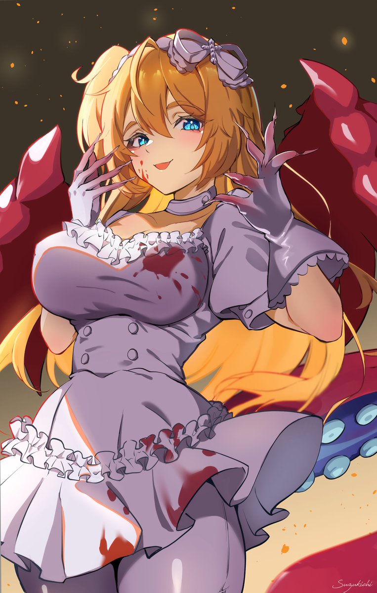 1girl, blonde_hair, blood, blood_on_clothes, blood_on_face, blue_eyes, blush, breasts