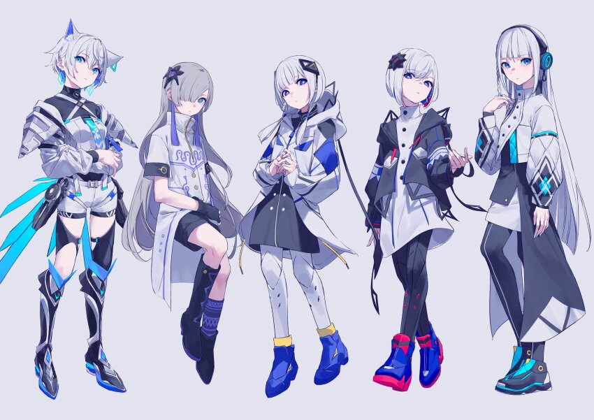 5girls, absurdres, animal_ear_fluff, animal_ears, aqua_pupils, armor, asymmetrical_clothes, asymmetrical_coat