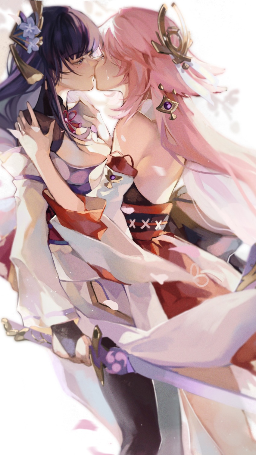 2girls, absurdres, animal_ears, beiqingluoshicaicai, closed_eyes, detached_sleeves, floppy_ears, fox_ears, genshin_impact, highres, japanese_clothes, kimono, kiss, long_hair, multiple_girls, musou_isshin_(genshin_impact), nontraditional_miko, pink_hair, purple_eyes, purple_hair, purple_kimono, raiden_shogun, short_kimono, wide_sleeves, yae_miko, yuri