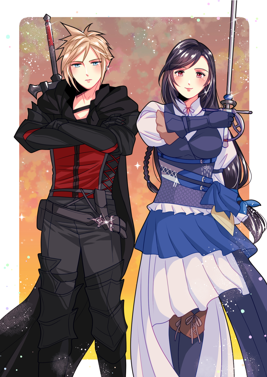 1boy, 1girl, armor, armored_legwear, babigonice, belt, black_cape, black_hair, blonde_hair, blue_eyes, blue_gloves, blue_vest, braid, breasts, cape, clive_rosfield, clive_rosfield_(cosplay), closed_mouth, cloud_strife, cosplay, costume_switch, crossed_arms, dress, final_fantasy, final_fantasy_vii, final_fantasy_vii_remake, final_fantasy_xvi, gloves, hair_over_shoulder, highres, holding, holding_sword, holding_weapon, jill_warrick, jill_warrick_(cosplay), large_breasts, long_braid, long_hair, looking_at_viewer, low-tied_long_hair, puffy_sleeves, rapier, red_eyes, red_shirt, shirt, short_hair, side-by-side, side_braid, single_braid, skirt, smile, spiked_hair, standing, sword, sword_on_back, tifa_lockhart, vest, weapon, weapon_on_back, white_dress