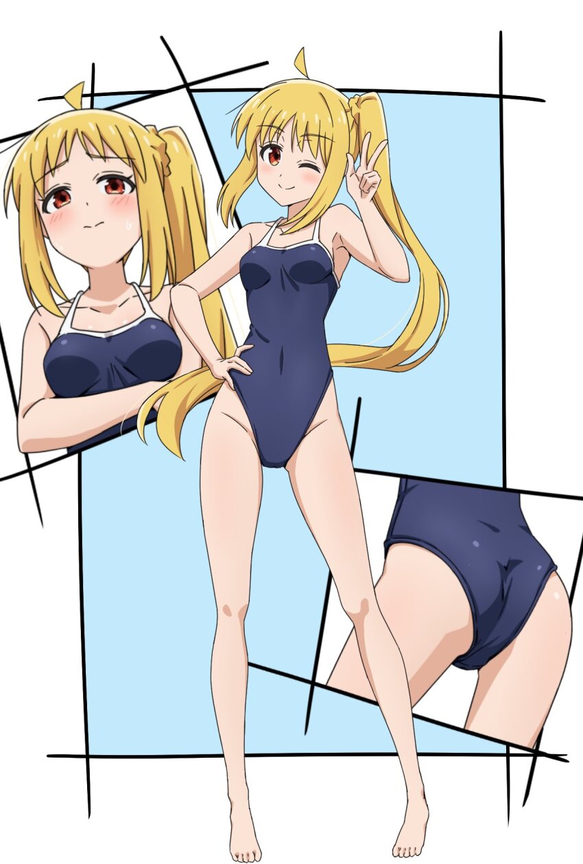 1girl, ahoge, ass, barefoot, blonde_hair, bocchi_the_rock!, breasts, covered_navel