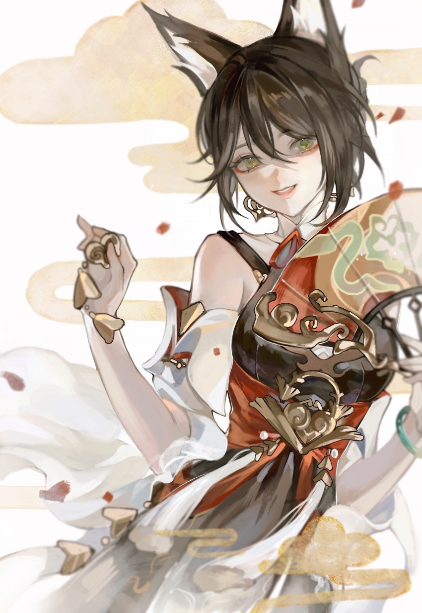 1girl, absurdres, animal_ears, beiqingluoshicaicai, brown_hair, chinese_clothes, fox_ears, fox_girl