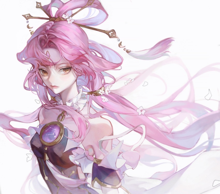 1girl, absurdres, beiqingluoshicaicai, bow-shaped_hair, detached_sleeves, feixianji_(hairstyle), fu_xuan_(honkai:_star_rail), hair_ornament, hair_rings, hairpin, highres, honkai:_star_rail, honkai_(series), long_hair, petals, pink_hair, solo, tassel, yellow_eyes