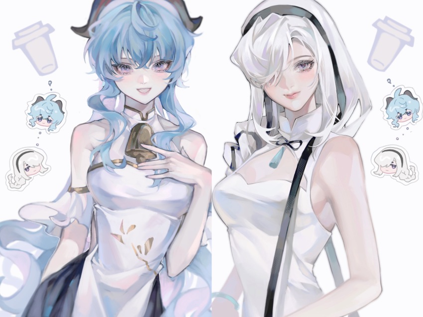 2girls, absurdres, alternate_costume, beiqingluoshicaicai, blue_eyes, blue_hair, blush, chinese_clothes