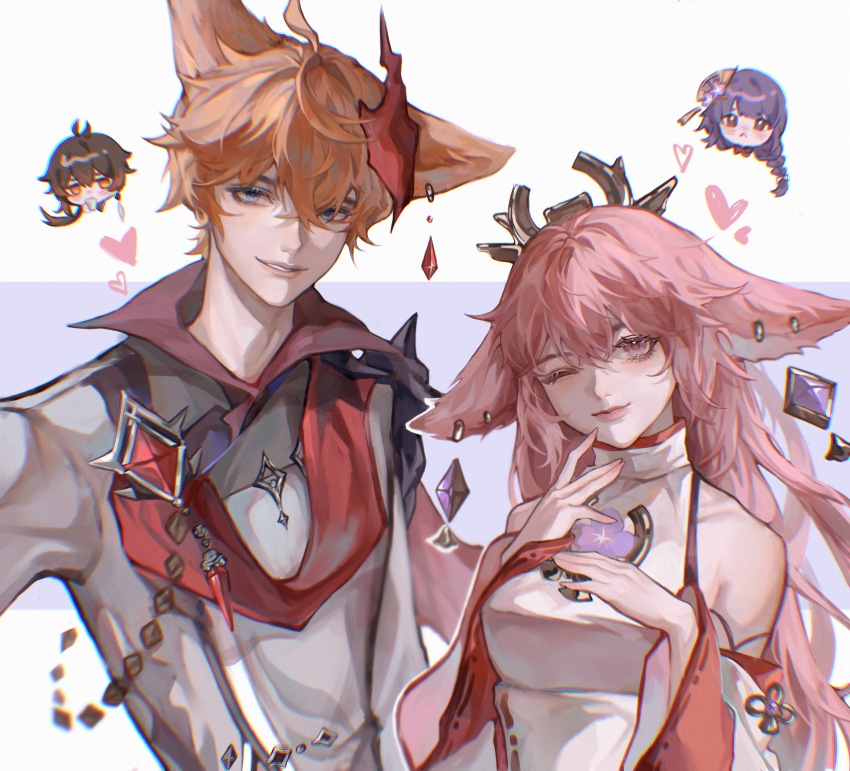 2boys, 2girls, absurdres, animal_ears, beiqingluoshicaicai, blue_eyes, detached_sleeves, floppy_ears