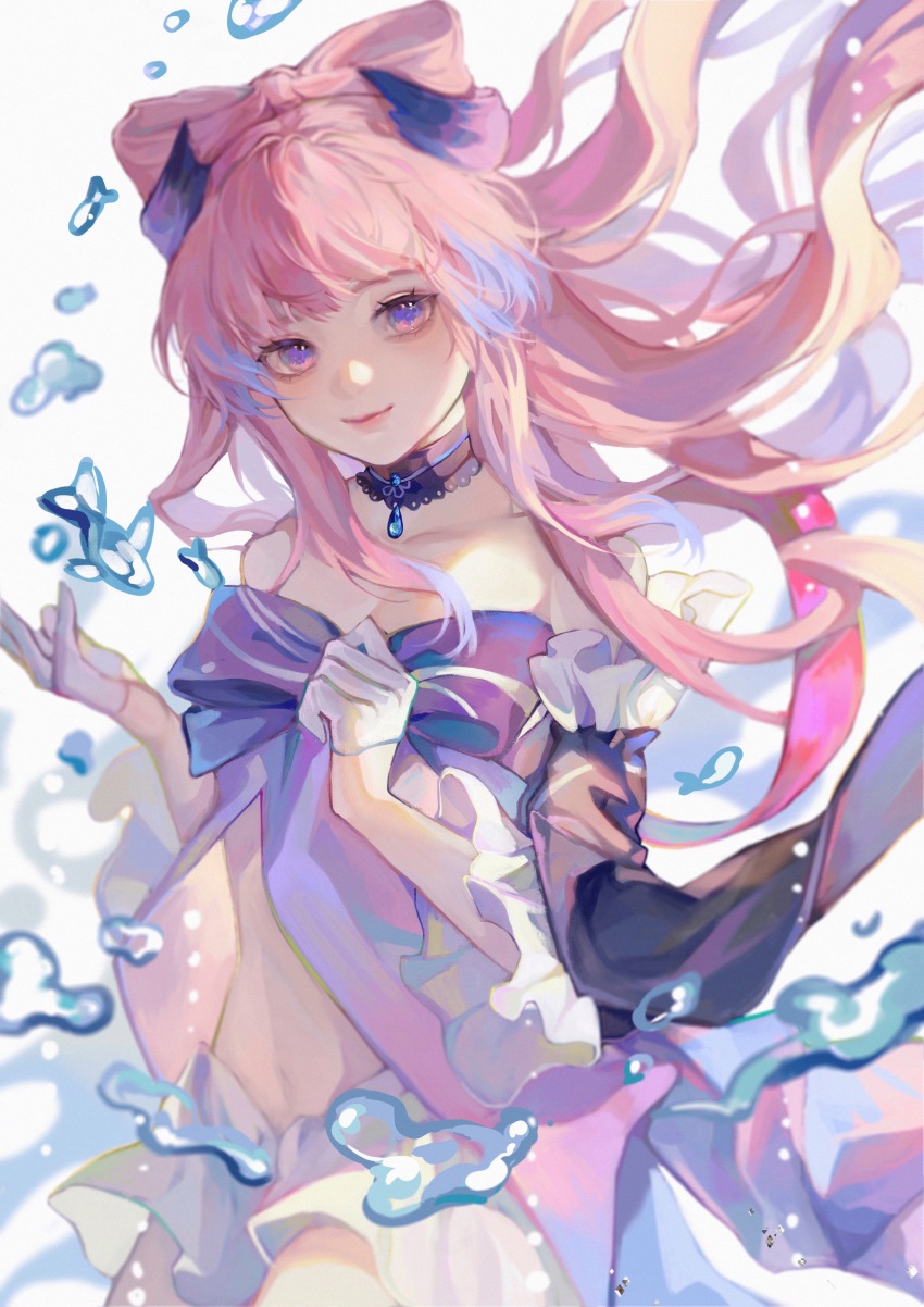 1girl, absurdres, beiqingluoshicaicai, blue_hair, bow-shaped_hair, collar, colored_tips, commentary, detached_collar, frilled_collar, frilled_sleeves, frills, genshin_impact, gloves, half_gloves, highres, long_hair, multicolored_hair, pink_hair, procreate_(medium), purple_eyes, sangonomiya_kokomi, smile, solo, untranslatable_commentary, water, white_gloves, wide_sleeves