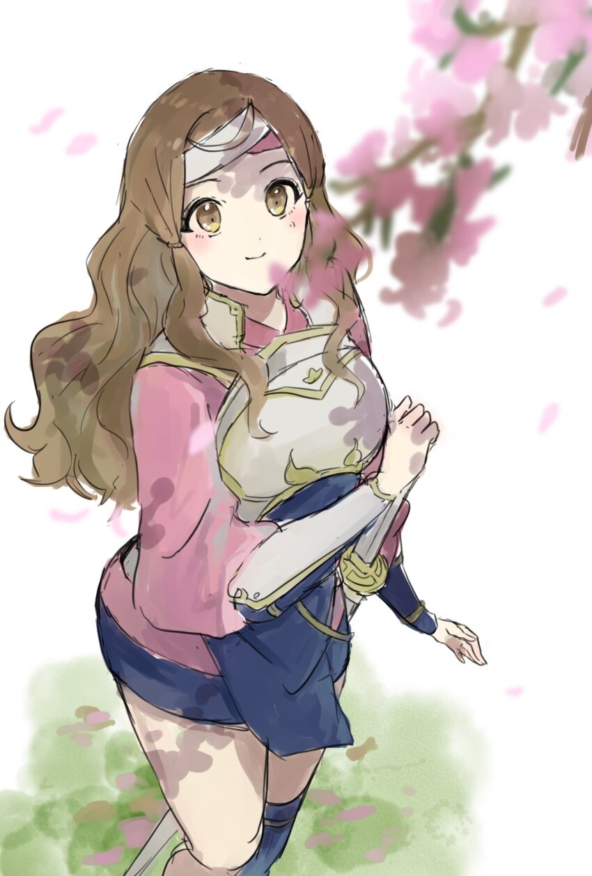 1girl, armor, brown_eyes, brown_hair, cherry_blossoms, fire_emblem, fire_emblem_fates, hana_(fire_emblem)