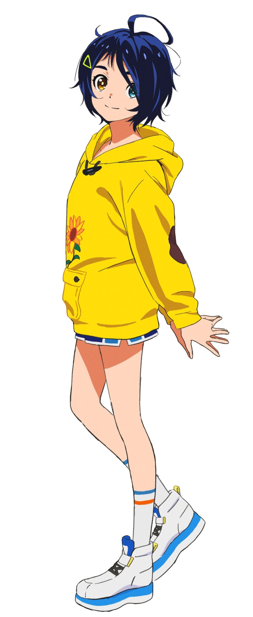 1girl, absurdres, ahoge, antenna_hair, arms_behind_back, blue_hair, blue_shorts, child