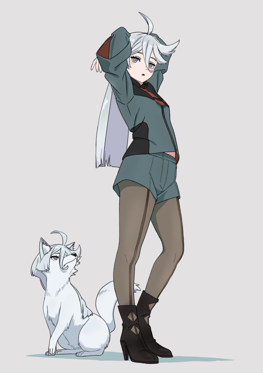 1girl, :o, absurdres, ahoge, animal, antenna_hair, arms_up, asymmetrical_bangs