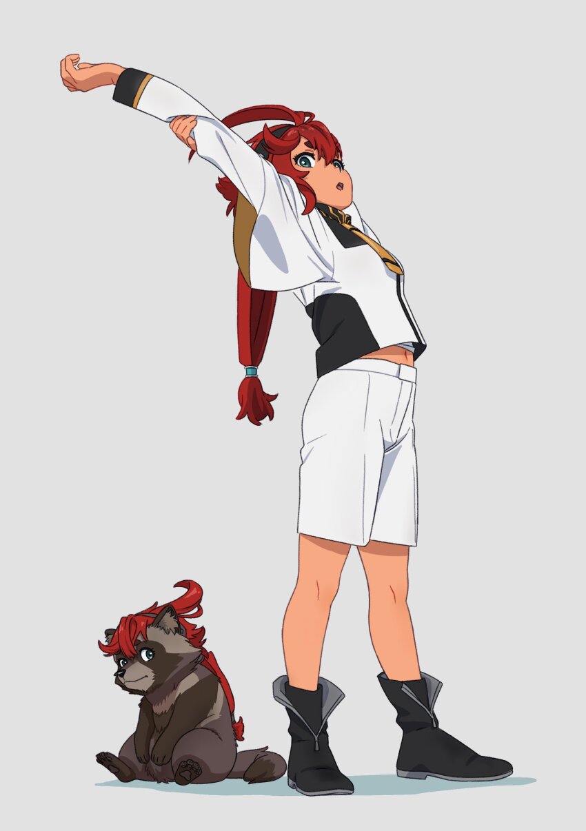 1girl, :o, absurdres, ahoge, animal, antenna_hair, arms_up, black_footwear