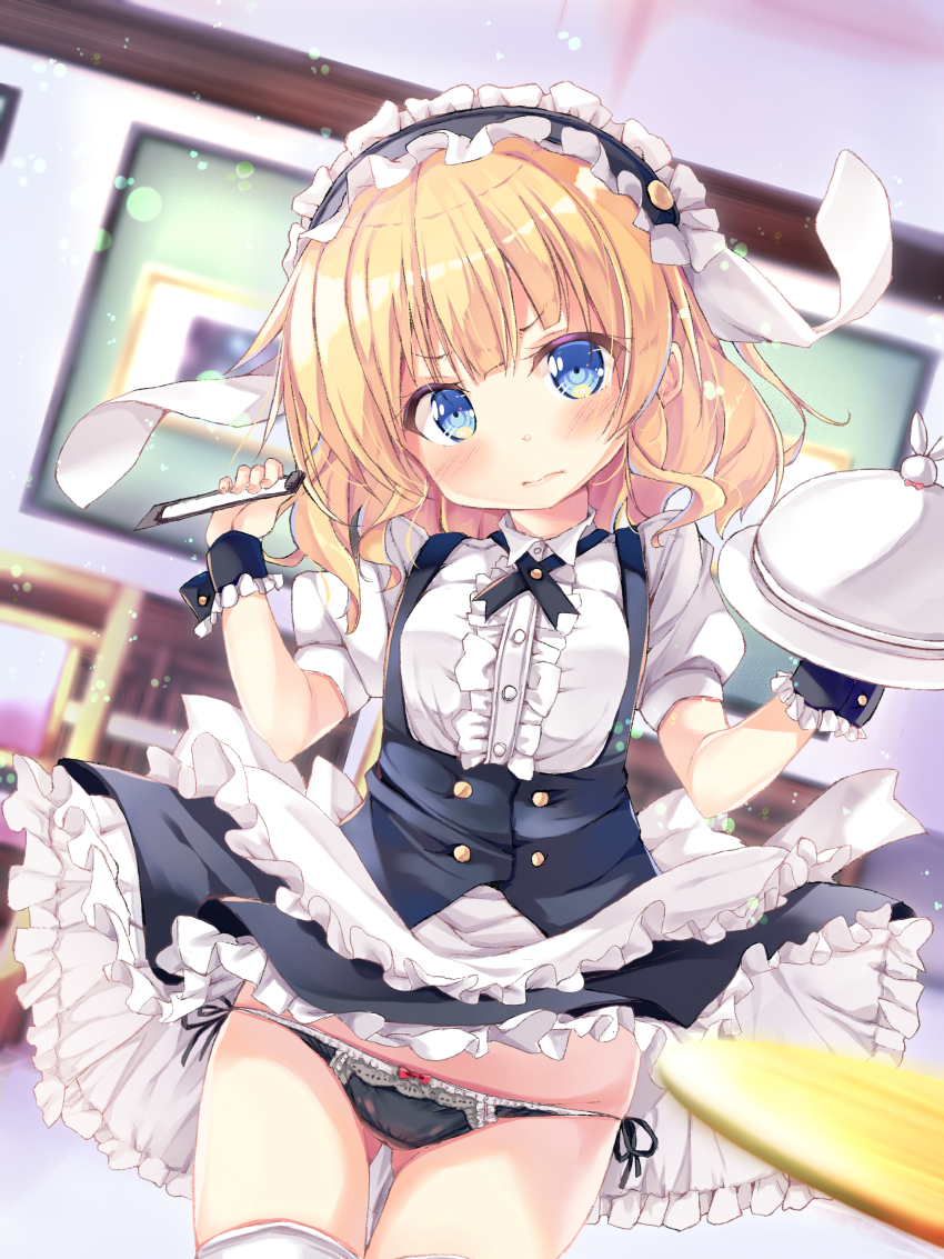 1girl, absurdres, accidental_exposure, angry, animal_ears, apron, black_hairband, black_panties