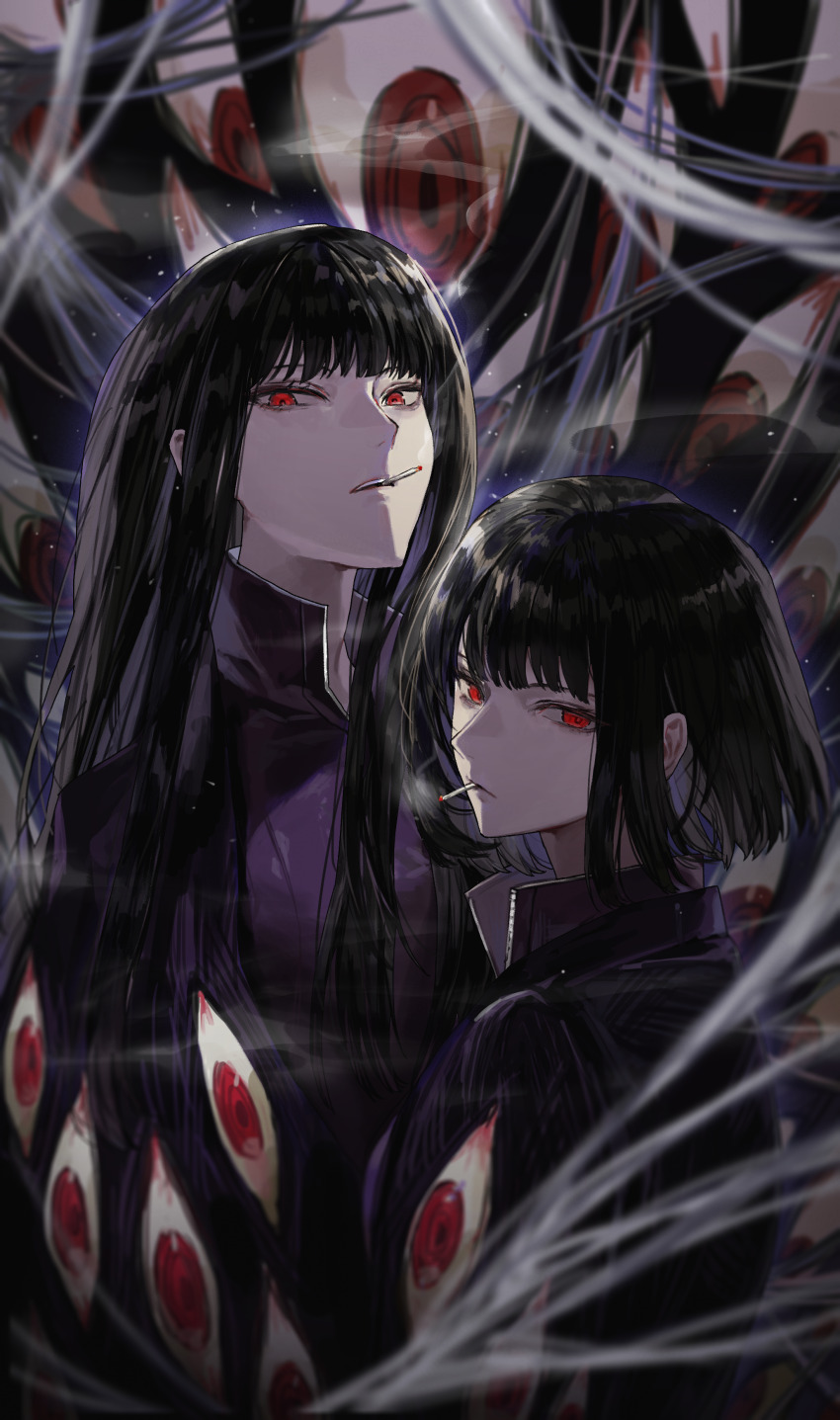 2girls, absurdres, black_hair, blunt_bangs, bob_cut, carol0905, cigarette, commentary_request