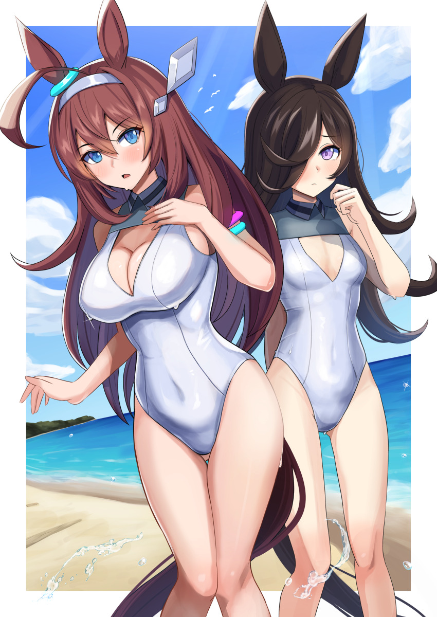 2girls, absurdres, ahoge, alternate_costume, animal_ears, beach, blue_eyes, blue_sky