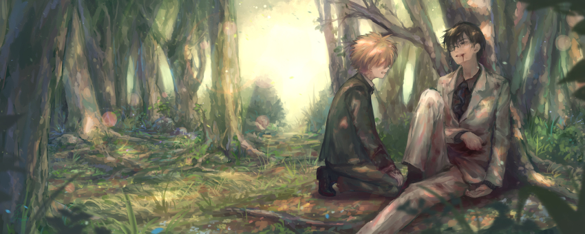 2boys, absurdres, after_battle, against_tree, black_footwear, black_hair, black_shirt, black_suit, blood, blood_on_clothes, blood_on_face, blood_on_ground, clenched_teeth, commentary, crying, cyasha, day, defeat, dying, esaka_shugen, foreshortening, formal_clothes, grass, hair_between_eyes, highres, knee_up, kneeling, long_sleeves, looking_at_another, monocle, multiple_boys, no_eyes, on_ground, orange_hair, outdoors, parted_lips, profile, rewrite, shirt, sitting, smile, spiked_hair, spoilers, suit, teeth, tennouji_kotarou, tree, v-shaped_eyebrows, white_suit