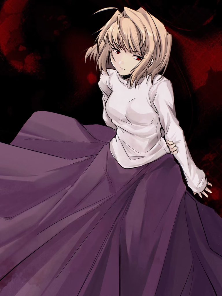 1girl, arcueid_brunestud, arm_behind_back, black_background, blonde_hair, closed_mouth, commentary, hair_intakes, hand_on_own_arm, long_sleeves, looking_to_the_side, purple_skirt, red_eyes, shirt, short_hair, skirt, solo, tara3763, tsukihime, white_shirt