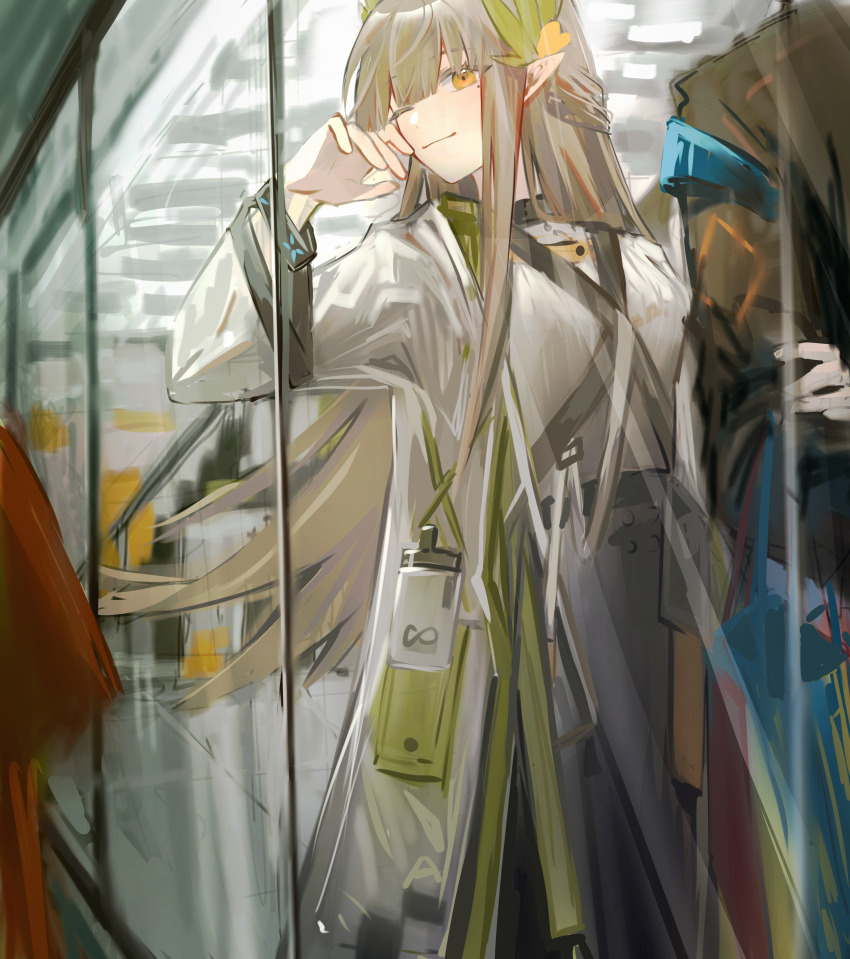 1girl, 1other, absurdres, arknights, arm_grab, black_coat, brown_hair, coat, doctor_(arknights), elf, hand_on_own_face, highres, infection_monitor_(arknights), lab_coat, long_hair, miku17883, mole, mole_under_eye, muelsyse_(arknights), open_clothes, open_coat, out_of_frame, pointy_ears, white_coat, yellow_eyes
