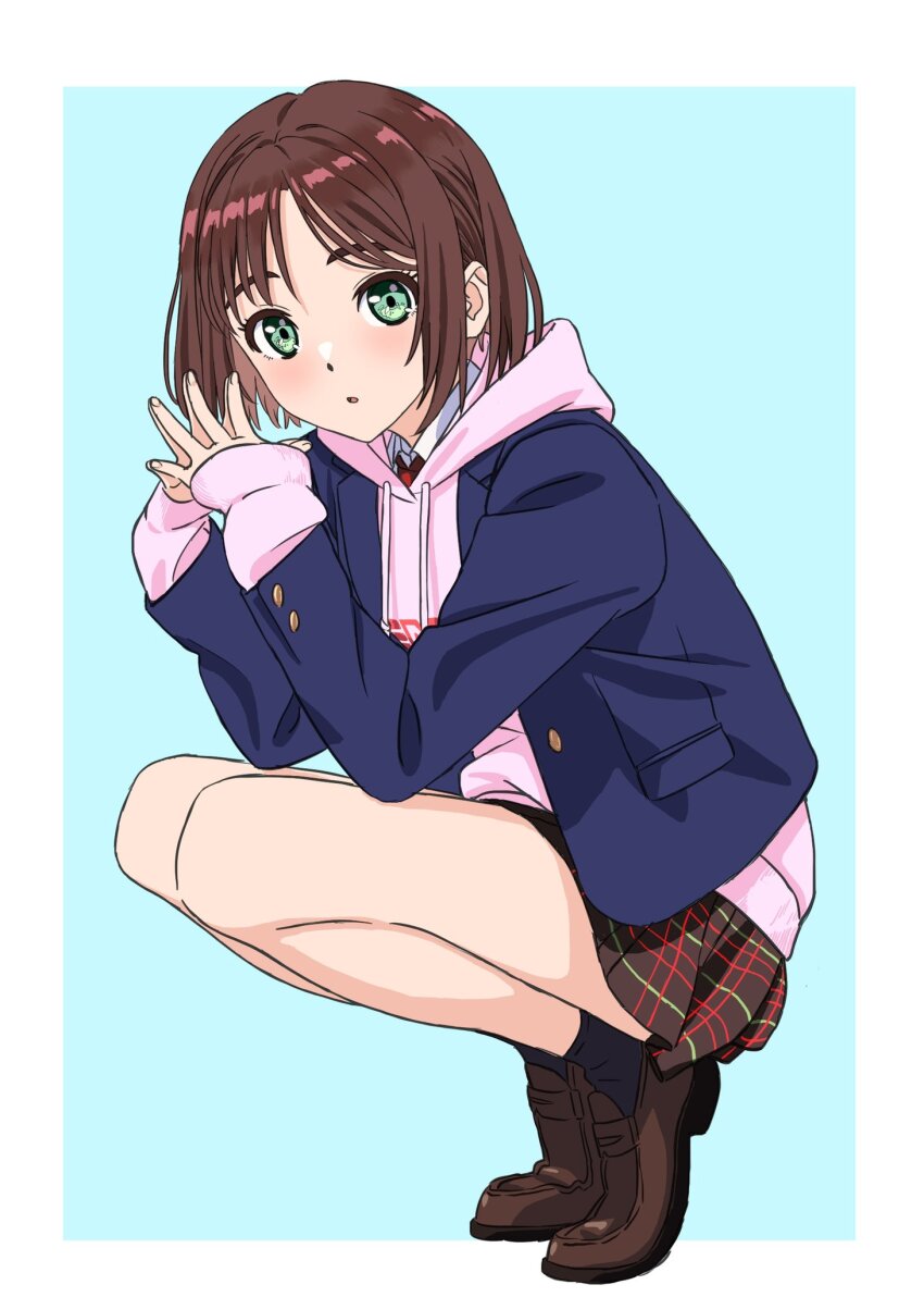 1girl, :o, arms_on_knees, black_socks, blazer, blue_jacket, blush, bob_cut