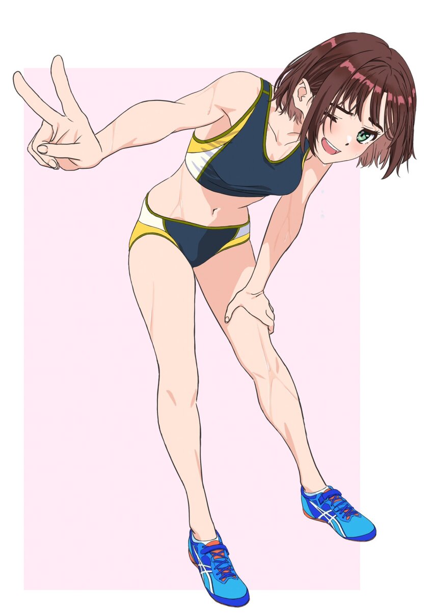 1girl, :d, blue_shoes, blush, bob_cut, breasts, brown_hair, buruma