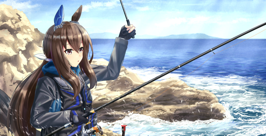 1girl, admire_vega_(umamusume), alternate_costume, beach, black_gloves, black_jacket, blue_hoodie, bow